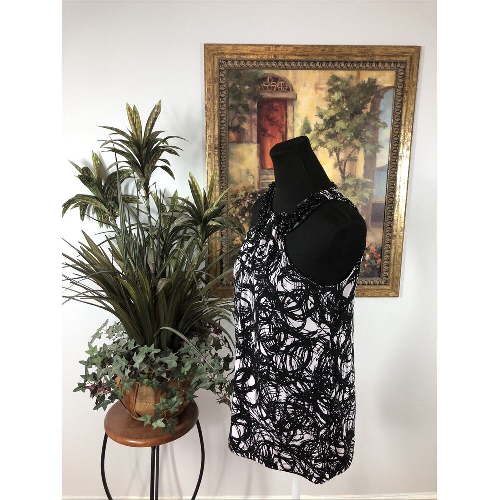 Cato Women’s Sleeveless Beaded Neck Top Medium Black White Abstract Print - Picture 6 of 10